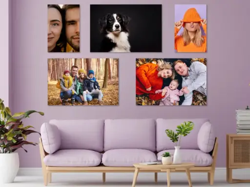 Idée tableau peinture à faire soi-même : un couple, un chien, une jeune fille, une famille en forêt et une famille allongée sur des feuilles.