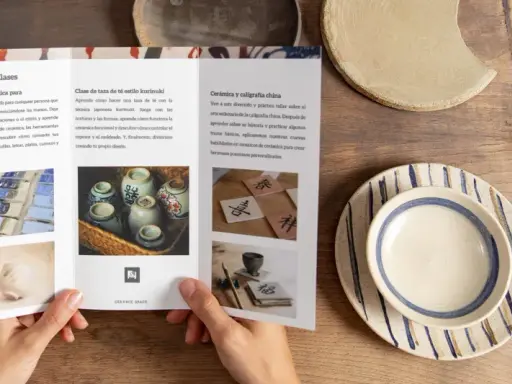 Folleto publicitario ejemplo: talleres de cerámica y caligrafía china. Aprende a crear piezas únicas y personalizadas.