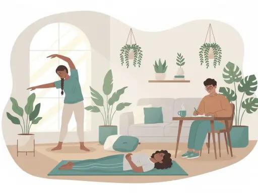 Ilustracja przedstawia ludzi ćwiczących i piszących w przytulnym salonie z roślinami.