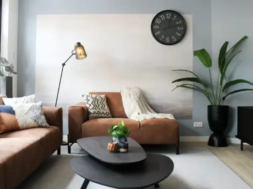 Salon moderne avec canapés marron, coussins colorés, plante verte et horloge murale. Une belle ambiance pour votre diy deco.
