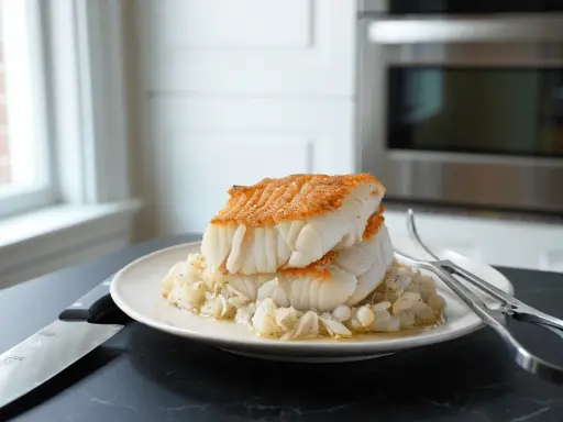 Dos filetes de bacalao dorado sobre una cama de cebolla confitada. Un plato perfecto para tus recetas de bacalao.
