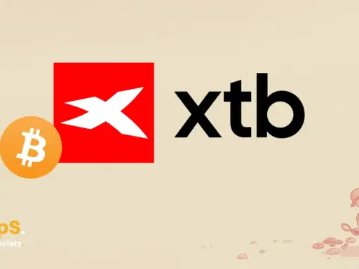 Odkryj świat kryptowalut z XTB! Logo XTB obok symbolu Bitcoina i napisu "Cryps. Crypto. Society." sugeruje, że XTB to platforma do inwestowania w kryptowaluty.