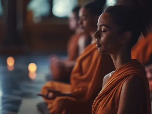 Människor i orange kläder sitter i meditation, en scen av buddistisk frid.