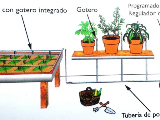 Diagrama de una instalacion riego por goteo, mostrando tuberías, goteros, macetas y un programador.