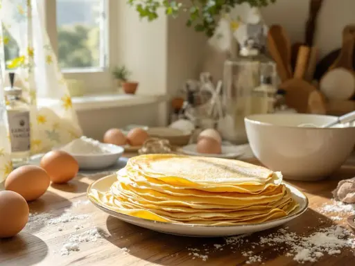 Pile de crêpes dorées, prêtes à être dégustées après leur temps de repos. Des œufs et de la farine sur la table, ambiance matinale.