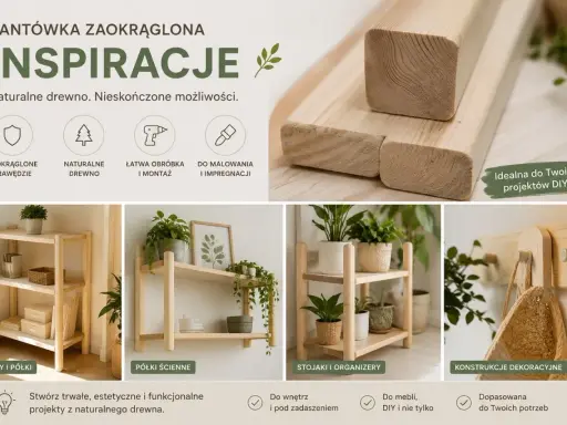 Krawędziaki iglaste z zaokrąglonymi krawędziami, idealne do tworzenia regałów, półek i dekoracji DIY. Naturalne drewno, łatwa obróbka.