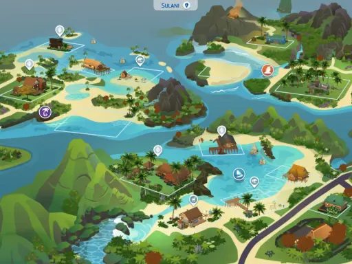 Mapa Sulani z The Sims 4. Zobacz, gdzie kupić domy i działki na tej tropikalnej wyspie.