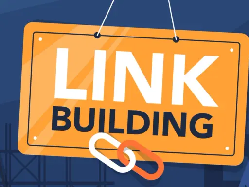 Tablica z napisem "LINK BUILDING" i symbolem łańcucha, sugerująca budowanie silnych połączeń w sieci.