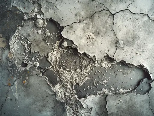 Détail d'un mur en béton fissuré et écaillé, révélant une texture rugueuse et des dépôts blancs ressemblant à de la mérule béton.
