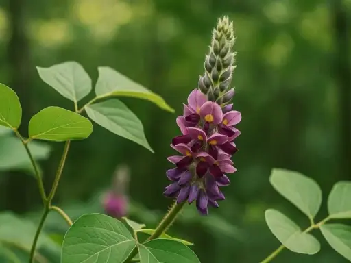 Fleur de kudzu aux teintes violettes et roses, évoquant ses nombreux kudzu bienfaits. Des feuilles vertes entourent la tige.