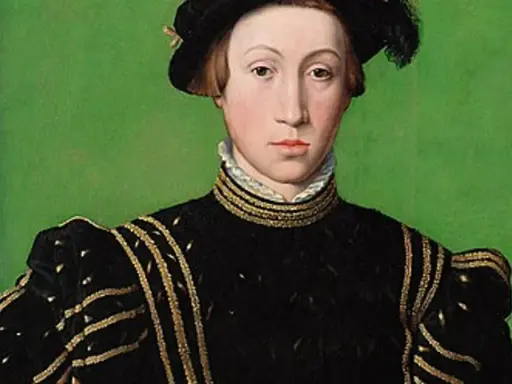 Portret młodego mężczyzny w czarnym stroju z bogatymi złotymi zdobieniami, w czapce z piórem. Wygląda jak vivente rege, gotowy na panowanie.