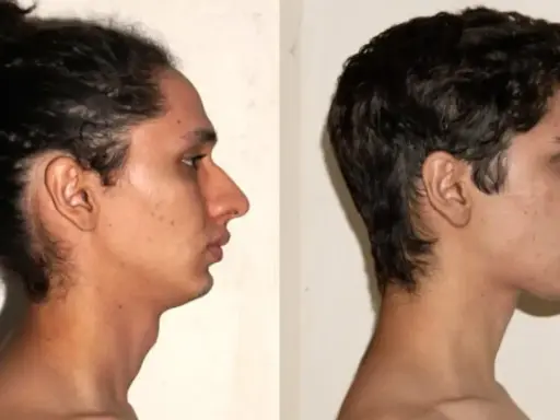 Comparación de perfiles faciales. El lado izquierdo muestra una mandíbula retraída, mientras que el derecho, tras practicar que es mewing, revela un perfil más definido.