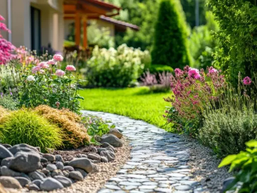 Ein schöner Weg lädt ein, den Garten gestalten mit wenig Geld. Blumen und Steine schaffen eine idyllische Atmosphäre.