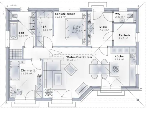 Grundriss eines Bungalows mit Wohn-Esszimmer, Küche, Schlafzimmer, Bad, Zimmer 2, Diele, WC und Technikraum. Ideal zum Bungalow planen.
