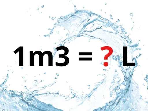 Ile to 1m3? Woda rozpryskuje się wokół napisu, tworząc pytanie o przeliczenie jednostek objętości.