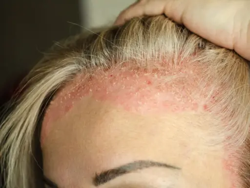 Cuir chevelu irrité avec des plaques rouges et des squames de peau morte, près des cheveux blonds.