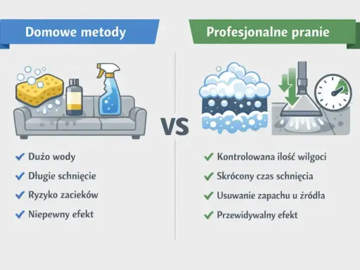 Porównanie domowe pranie tapicerki z metodami profesjonalnymi: więcej wody, długie schnięcie, ryzyko zacieków vs. kontrola wilgoci, szybkie schnięcie, pewny efekt.