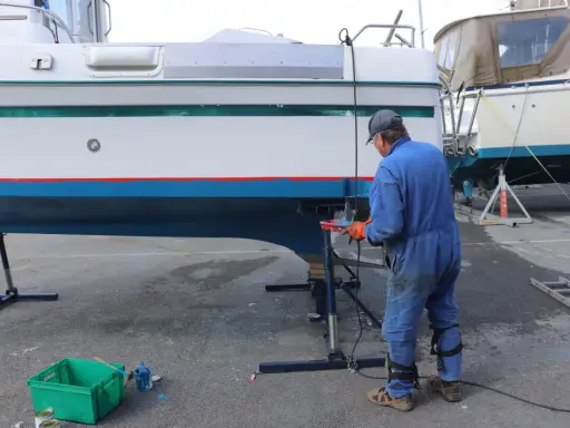 Un homme en combinaison bleue travaille sur la coque d'un bateau pour enlever l'antifouling. Des outils et des pots de peinture sont à proximité.