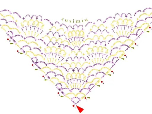 Diagrama de patrones de chal a crochet para imprimir, con símbolos de puntos y números de fila.