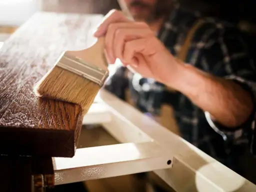 Un artesano aplica barniz a la madera con una brocha, resaltando su veta y dándole un acabado protector.