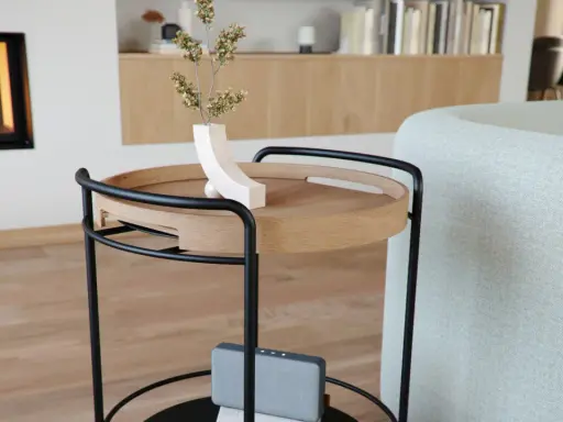 Ett stilrent, **högt brickbord** i trä och svart metall med en modern vas och en högtalare. Perfekt för att servera fika eller förvara favoritböcker.