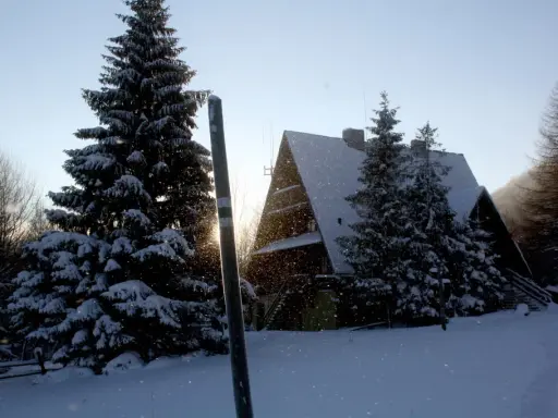 Zimowy krajobraz z bacówką pod Małą Rawką. Śnieg sypie, a słońce przebija się przez drzewa.