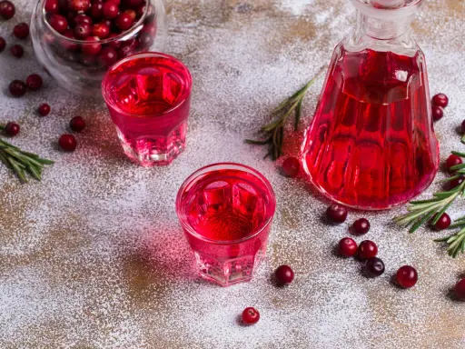 Två glas med röd vargtass drink, en karaff, tranbär och rosmarin på ett pudrat underlag.