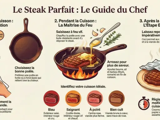 Guide pour un steak parfait : préparation, cuisson à la poêle avec arrosage, et repos. Identifiez la cuisson idéale entre bleu et bien cuit.