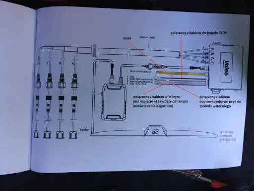 Schemat montażu czujników parkowania Valeo. Pokazuje połączenia z czujnikami, światłem stop, żarówką wstecznego biegu i zasilaniem.