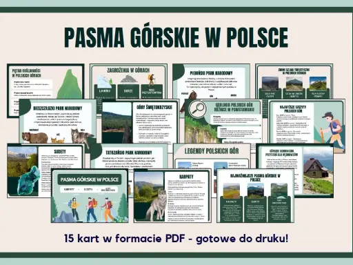 Podział gór w Polsce: Karpaty, Sudety, Góry Świętokrzyskie, Tatrzański Park Narodowy, Bieszczadzki Park Narodowy, Pieniński Park Narodowy.