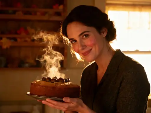 Une femme souriante présente un gâteau moelleux chataigne fumant, décoré de marrons.