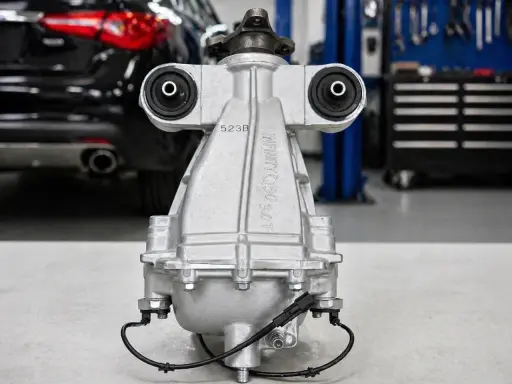 Srebrny mechanizm różnicowy INFINITY Q50 3.0T z czujnikami, gotowy do montażu w warsztacie.