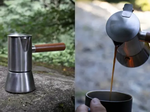 Edler Bialetti Espressokocher aus Edelstahl mit Holzgriff, bereit für den perfekten Kaffee. Die Anleitung ist einfach: Wasser rein, Kaffee rein, erhitzen, genießen.