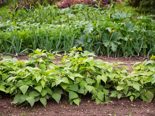 Un potager illustrant le schéma de rotation des cultures : haricots verts au premier plan, suivis d'oignons, de carottes, de courgettes et de maïs.
