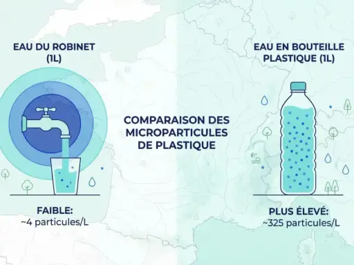 Comparaison : eau du robinet (4 ppm) vs eau en bouteille (325 ppm). L'eau du robinet est bien moins contaminée par les microplastiques.