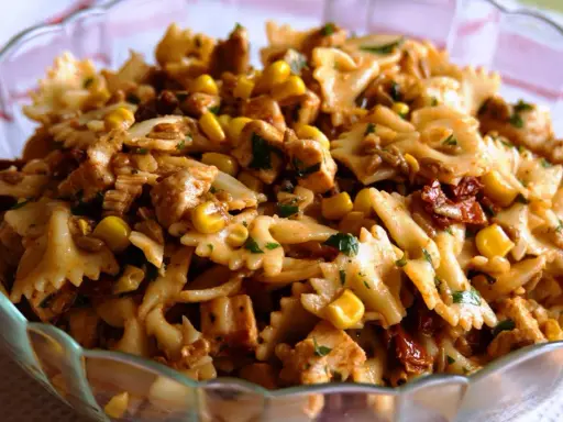 Pyszna sałatka z makaronem farfalle, kurczakiem, kukurydzą i suszonymi pomidorami, posypana natką pietruszki.