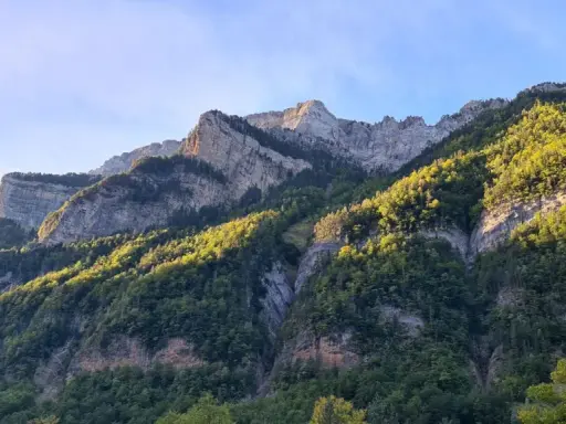 Majestuosas montañas cubiertas de bosque verde y rocas, perfectas para **rutas por Ordesa** en un día soleado.