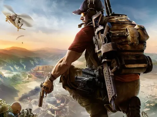 Żołnierz z Tom Clancy's Ghost Recon obserwuje teren z pistoletem w dłoni. W tle helikopter i spadochroniarze.