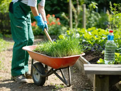 Un jardinier utilise une brouette, un outil pour désherber, remplie d'herbes fraîches.