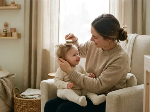 Mamma borstar försiktigt sin bebis som tappar lite hår. En mysig stund i fåtöljen.