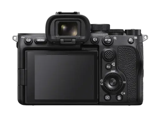 Tył aparatu Sony a7 S III z ekranem LCD i wizjerem. Widoczne przyciski Menu, C3, C1, AF-ON, AEL, Fn, Disp, ISO, C4.