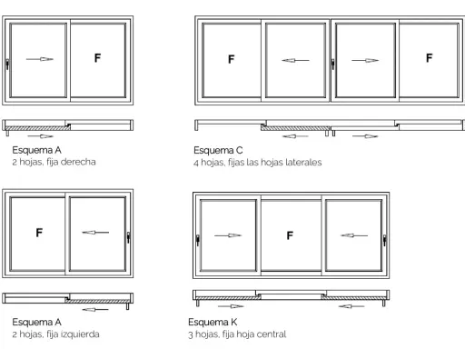 Diagramas de varios tipos de ventanas correderas: 2, 3 y 4 hojas, con diferentes configuraciones de hojas fijas.