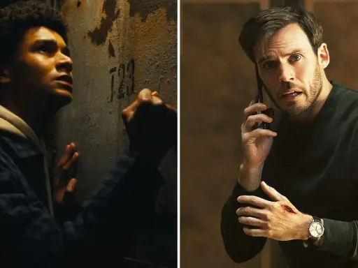 Två män i dramatiska scener från Harlan Coben serier. En ung man trycker sig mot en vägg, en annan man pratar i telefon med ett sår på handen.
