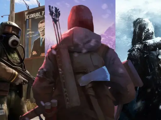 Postapokaliptyczne gry survivalowe na Xbox: postać w masce gazowej, łucznik i zimowy podróżnik.