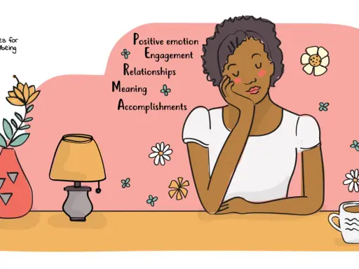 Modello PERMA: emozioni positive, coinvolgimento, relazioni, significato e realizzazioni. Una donna riflette su questi elementi per il benessere.