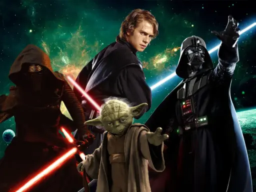 Kylo Ren, Anakin Skywalker, Yoda i Darth Vader z mieczami świetlnymi. Bohaterowie z gier Star Wars gotowi do walki.