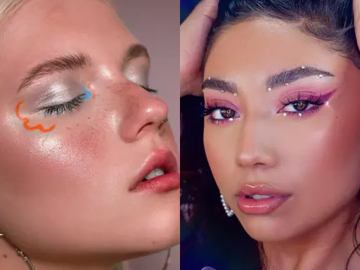 Dos looks de maquillaje: uno con delineado artístico en **línea de agua** y sombras plateadas, el otro con sombras rosas, pedrería y delineado dramático.