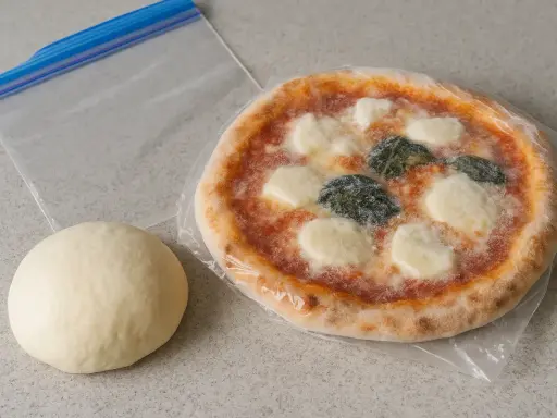 Impasto per pizza e pizza pronta, con sacchetto per conservare le foto.