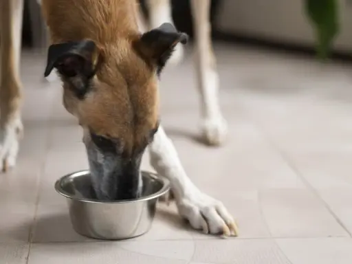 Un chien mange dans une gamelle. La question "peut on donner des pâtes à un chien" est souvent posée par les propriétaires.