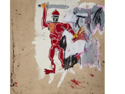 A red warrior, in the style of Basquiat, raises a sword against abstract, fiery chaos.